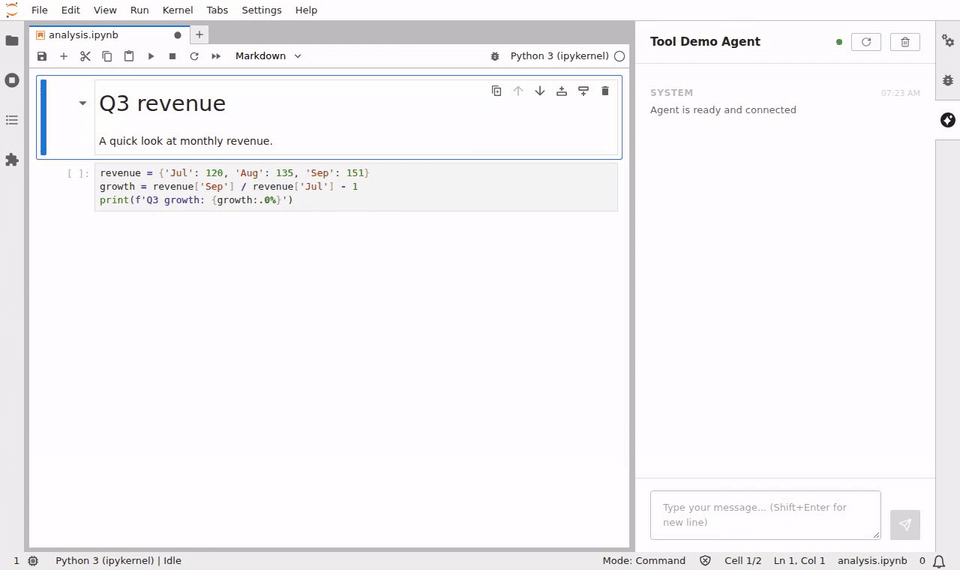 Animated demo: the JupyterLab sidebar runs a tool call and pauses for approval next to a notebook