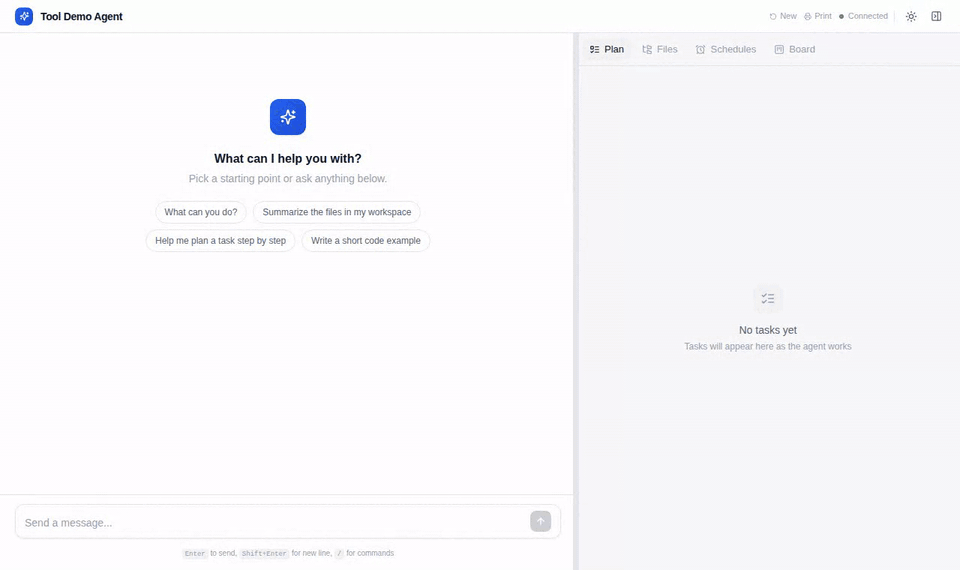 Animated demo: the web app streams a reply with a tool call, then runs a delegated task on the board