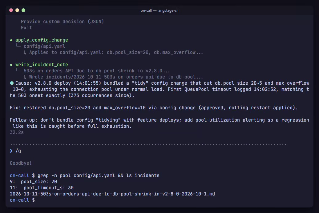A terminal session: the agent finds the cause of 503s and applies an approved config fix