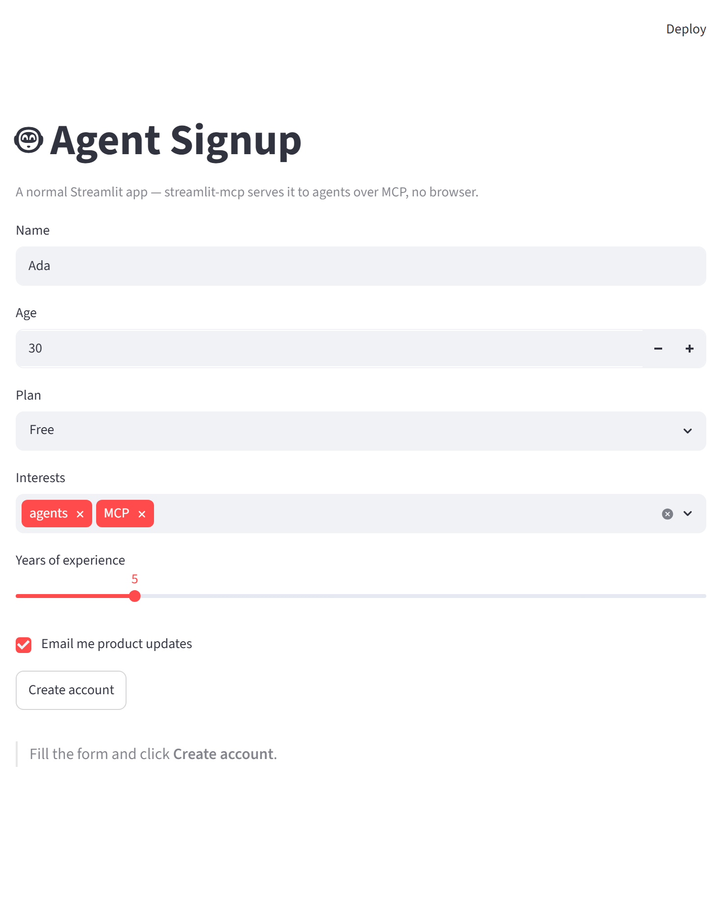 A Streamlit signup form running in a browser