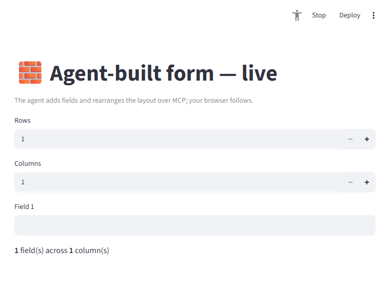 A browser growing a form live as an agent adds fields and switches to two columns