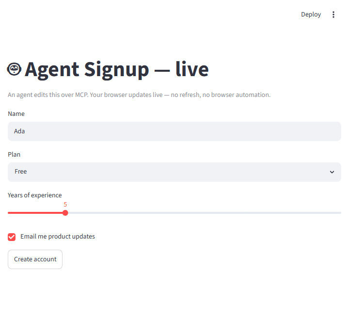 A browser updating live as an agent edits the app over MCP